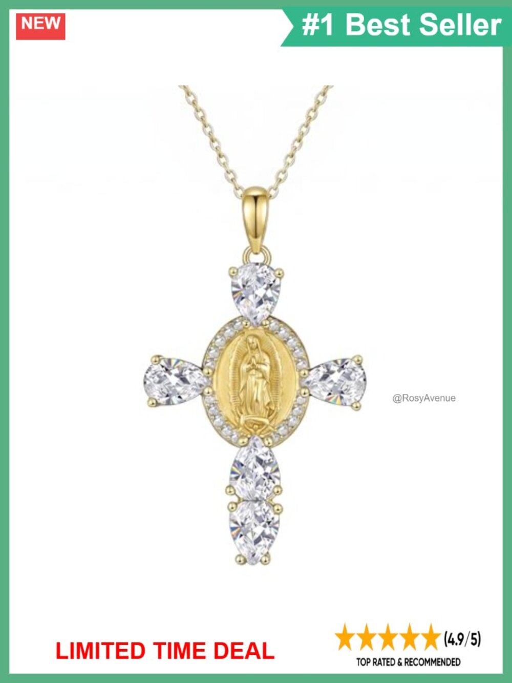 925 Sterling Silver 14K Gold Plated Cross Pendant Necklace 18+2 Inch
